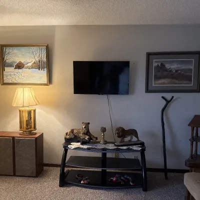 Sale Photo Thumbnail #56: Living room area featuring a wall-mounted flat-screen television, framed landscape art, a brass table lamp, vintage stereo speakers, and decorative animal figurines on a black glass media stand.