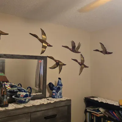 Sale Photo Thumbnail #22: Set of brass flying duck wall decor mounted above a rustic gray dresser, accompanied by blue and white porcelain collectibles.