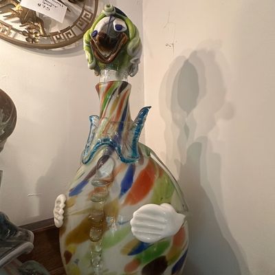 Sale Photo Thumbnail #114: Vintage Murano style hand-blown glass clown bottle decanter with multicolor splatter design and clown head stopper.