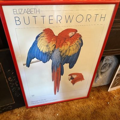 Sale Photo Thumbnail #3: Framed Elizabeth Butterworth exhibition poster featuring a scarlet macaw graphic, housed in a bright red frame.