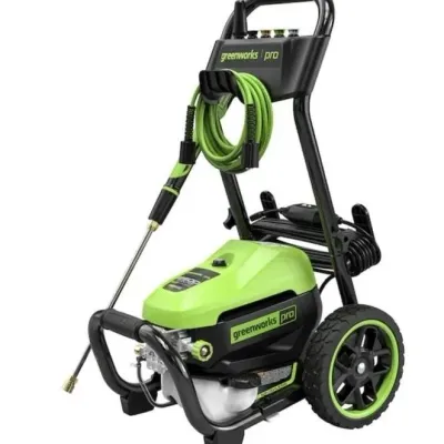 Sale Photo Thumbnail #87: Greenworks Pro electric pressure washer with wheeled cart frame, hose, wand, and quick-connect nozzles.