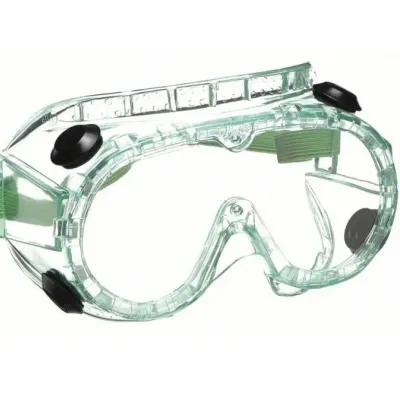 Sale Photo Thumbnail #48: Clear plastic safety goggles featuring black indirect ventilation caps and an adjustable elastic strap.