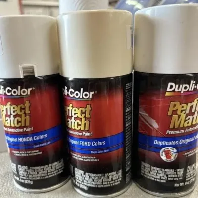 Sale Photo Thumbnail #163: Trio of Dupli-Color Perfect Match premium automotive spray paint cans, including formulations for Honda and Ford colors.