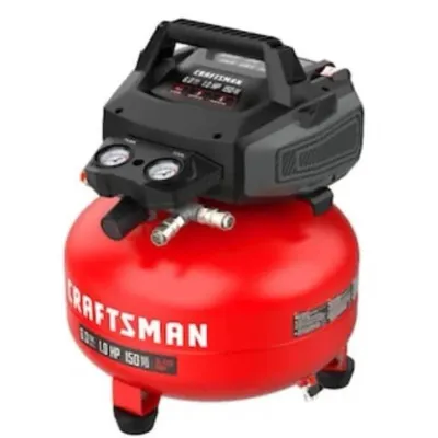 Sale Photo Thumbnail #127: Craftsman 6-gallon 1.0 HP 150 PSI pancake air compressor with dual pressure gauges and top carrying handle.