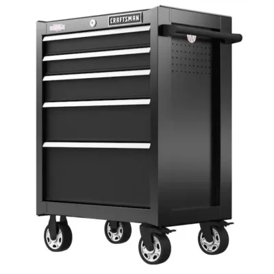 Sale Photo Thumbnail #55: Black Craftsman rolling tool cabinet featuring five drawers with silver trim, side handle, and caster wheels.