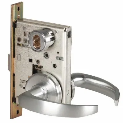Sale Photo Thumbnail #64: Commercial-grade mortise lock assembly with brushed chrome lever handles and a key cylinder mechanism.
