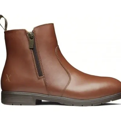 Sale Photo Thumbnail #31: Xena Workwear brown leather ankle safety boot featuring a side zip closure, low heel, and pull tab.