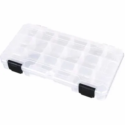 Sale Photo Thumbnail #69: Clear plastic storage organizer box with multiple grid compartments and black snap latches, ideal for craft supplies, hardware, or fishing tackle.