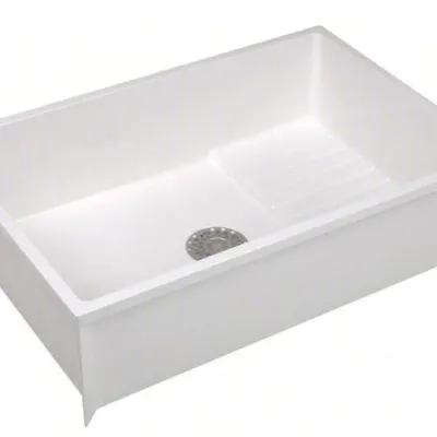 Sale Photo Thumbnail #178: White apron-front farmhouse kitchen sink featuring a single deep basin, built-in washboard texture, and stainless steel drain strainer.
