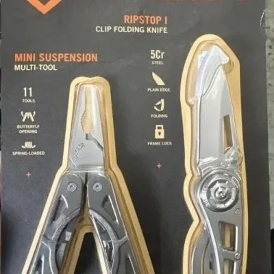 Sale Photo Thumbnail #174: Gerber two-piece tool set in original unopened blister packaging, including a Mini Suspension multi-tool and a Ripstop I clip folding knife.