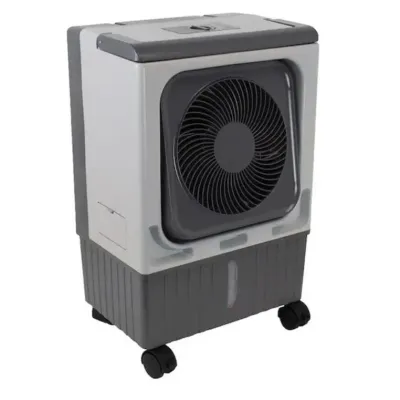 Sale Photo Thumbnail #120: Portable evaporative swamp cooler with caster wheels and top control panel, in gray and white plastic finish.