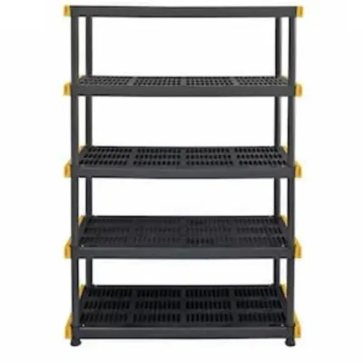 Sale Photo Thumbnail #129: Five-tier heavy-duty black and yellow plastic storage shelving unit, suitable for garage or utility organization.
