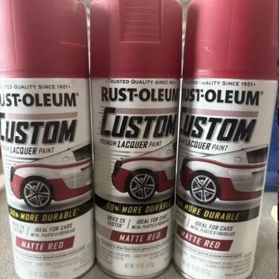 Sale Photo Thumbnail #149: Trio of Rust-Oleum Custom Premium Lacquer spray paint cans in Matte Red.