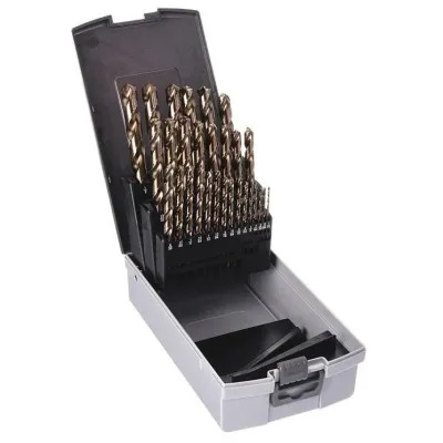 Sale Photo Thumbnail #145: Comprehensive drill bit set housed in a grey and black molded plastic index case, featuring various sized metallic twist bits.