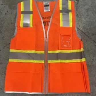 Sale Photo Thumbnail #11: High-visibility orange mesh safety vest featuring reflective silver stripes, a front zipper closure, and multiple utility pockets.