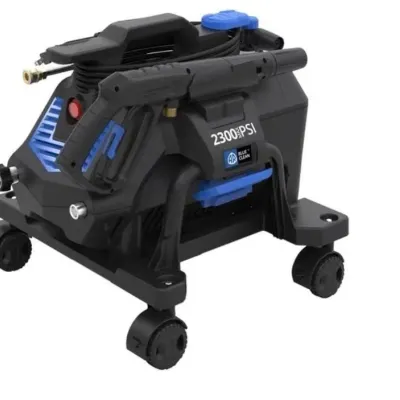 Sale Photo Thumbnail #14: AR Blue Clean 2300 MAX PSI electric pressure washer on a wheeled base, featuring attached spray gun wand and hose attachments.