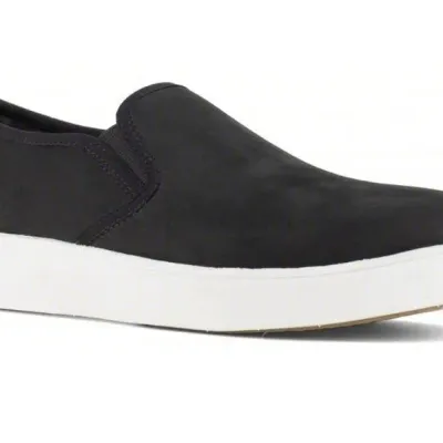 Sale Photo Thumbnail #29: Black nubuck slip-on sneaker featuring elastic side gores and a thick white TruFLEX rubber sole.