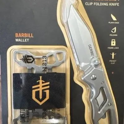 Sale Photo Thumbnail #142: New in original packaging Gerber set featuring a Paraframe I clip folding knife and a Barbill wallet.