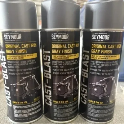 Sale Photo Thumbnail #91: Trio of Seymour Cast-Blast spray paint cans in original cast iron gray finish.