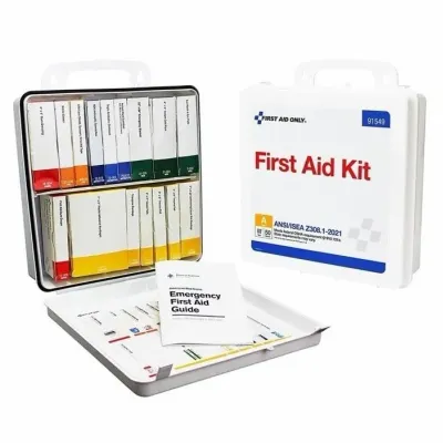 Sale Photo Thumbnail #63: First Aid Only 50-person emergency first aid kit in a hard plastic carrying case, fully stocked with color-coded medical supplies and an emergency guide.