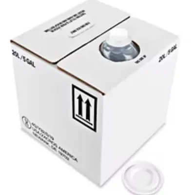 Sale Photo Thumbnail #71: 5-gallon (20L) cubic cardboard storage box containing a liquid container with a pour spout.