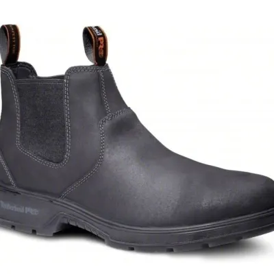 Sale Photo Thumbnail #26: Timberland PRO safety toe Chelsea work boot in black leather, featuring elastic side goring and dual pull tabs.