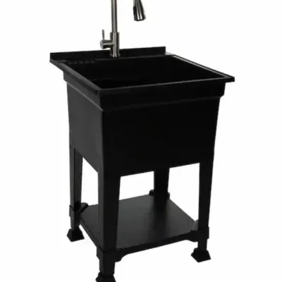 Sale Photo Thumbnail #9: Black freestanding utility sink with a high-arc stainless steel gooseneck faucet and bottom storage shelf.