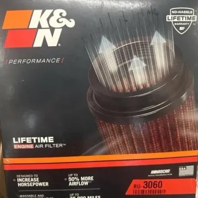 Sale Photo Thumbnail #36: Boxed K&N performance lifetime engine air filter, part number RU-3060, in original packaging.