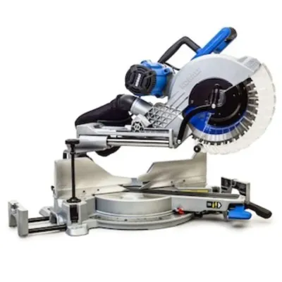 Sale Photo Thumbnail #126: Kobalt sliding compound miter saw featuring a blue and silver casing, blade guard, and dust collection bag.
