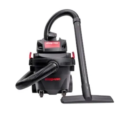 Sale Photo Thumbnail #128: Shop-Vac brand wet/dry vacuum cleaner in black and red, complete with hose, extension wand, and floor nozzle attachment.