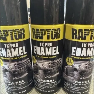 Sale Photo Thumbnail #49: Trio of Raptor 1K Pro Enamel spray paint cans, including two flat black and one gloss black, 10 oz each.