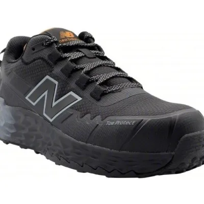 Sale Photo Thumbnail #24: Black New Balance Toe Protect trail running shoe featuring a mesh and synthetic upper with a cushioned Fresh Foam thick sole.