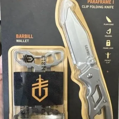 Sale Photo Thumbnail #172: New in original packaging Gerber set including a Paraframe I clip folding knife and a Barbill wallet.