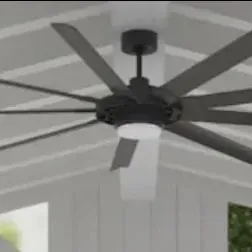 Sale Photo Thumbnail #94: Modern matte black multi-blade outdoor ceiling fan with an integrated light kit, mounted on a white vaulted porch ceiling.