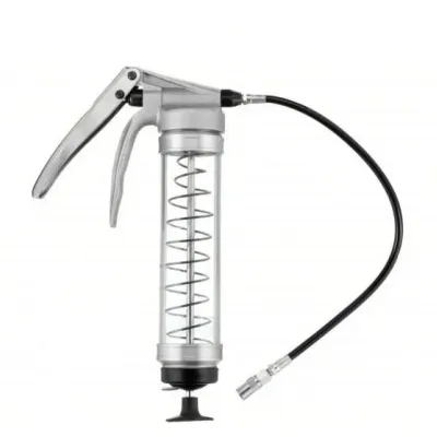 Sale Photo Thumbnail #169: Pistol-grip grease gun with a clear barrel and flexible hose attachment.