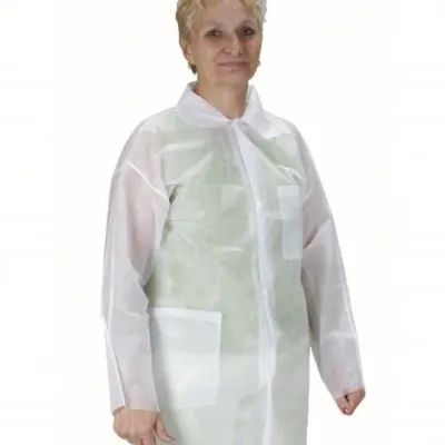 Sale Photo Thumbnail #153: Disposable semi-transparent white lab coat with snap front closure and front pockets.