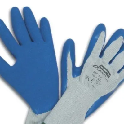Sale Photo Thumbnail #167: Pair of North Duro task gloves, size 10/XL, featuring gray knit construction with blue textured rubberized palm and finger coating.