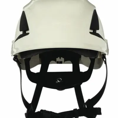 Sale Photo Thumbnail #77: White Petzl safety hard hat with adjustable black chin strap harness, shown in like-new condition.