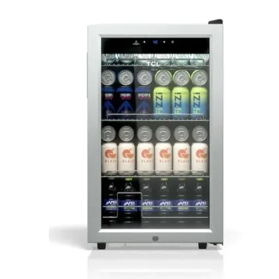 Sale Photo Thumbnail #123: Modern TCL stainless steel beverage cooler featuring a glass front door, adjustable wire shelving, and a digital temperature display.