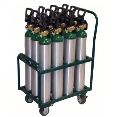 Sale Photo Thumbnail #16: Rolling medical oxygen cylinder cart loaded with green and silver oxygen tanks, fitted with handles and caster wheels.