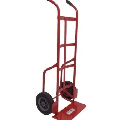 Sale Photo Thumbnail #133: Red heavy-duty steel hand truck dolly featuring dual handles with grips and sturdy rubber wheels.