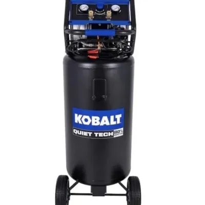 Sale Photo Thumbnail #113: Kobalt Quiet Tech vertical air compressor featuring a wheeled base, top-mounted control panel, and dual pressure gauges.
