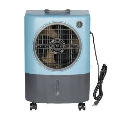 Sale Photo Thumbnail #118: Portable evaporative swamp cooler in blue and grey housing, featuring rolling caster wheels and a carrying handle.