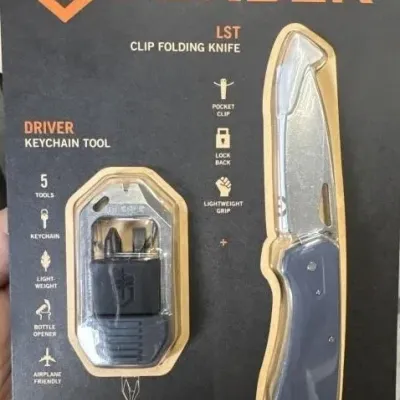 Sale Photo Thumbnail #143: New in original blister pack Gerber set including an LST clip folding knife and a Driver keychain multi-tool.