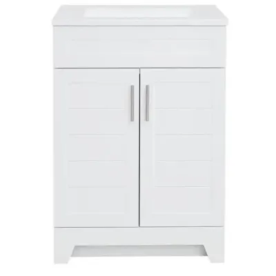 Sale Photo Thumbnail #135: Modern white single-sink bathroom vanity with two slotted doors, silver hardware, and an integrated countertop.