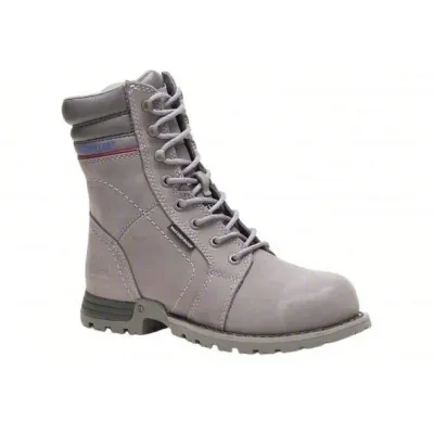 Sale Photo Thumbnail #27: Caterpillar brand waterproof leather work boot in grey, featuring a lace-up front, padded collar, and heavy-duty treaded sole.
