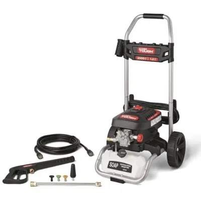 Sale Photo Thumbnail #17: Hyper Tough 2000 PSI electric pressure washer on a wheeled frame, complete with hose, spray wand, extension lance, and interchangeable nozzle tips.