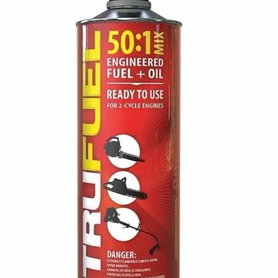 Sale Photo Thumbnail #84: A 32 fl. oz. metal can of TruFuel 50:1 pre-mixed engineered fuel and oil for 2-cycle outdoor power equipment.