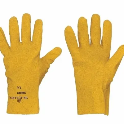 Sale Photo Thumbnail #102: Pair of yellow Showa 962M heavy-duty textured work gloves.