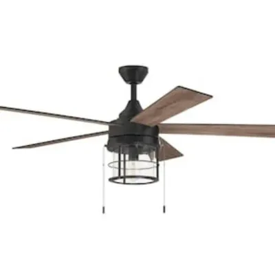 Sale Photo Thumbnail #138: Modern farmhouse style five-blade ceiling fan featuring a dark bronze finish, wooden blades, and an integrated cage light fixture.